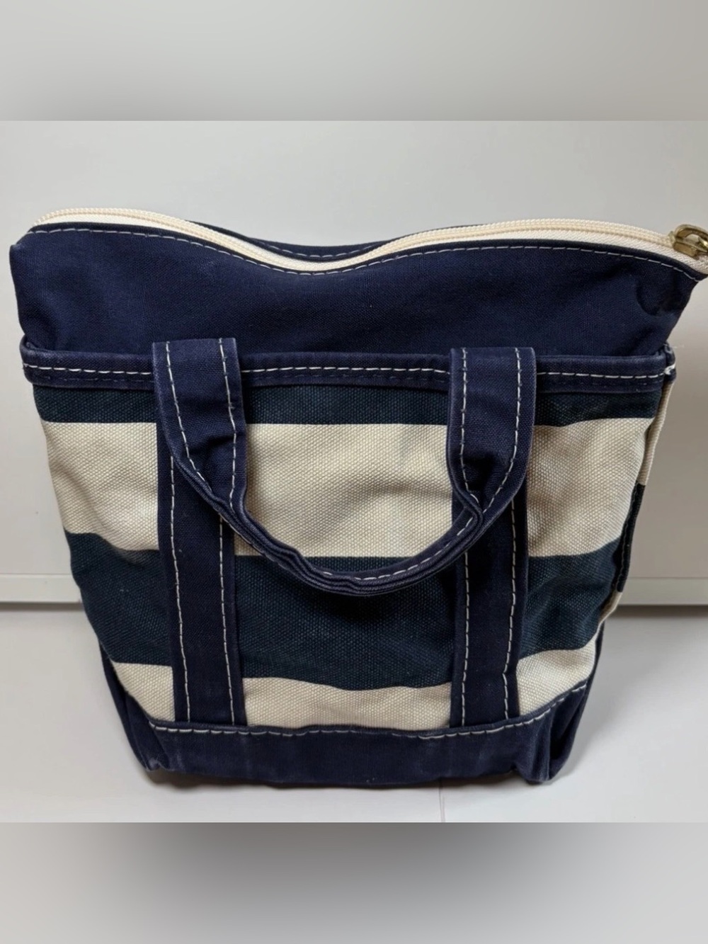 LL Bean Boat & Tote Mini Striped Navy Blue White Canvas VTG 1990s Zip Top - Picture 3 of 16